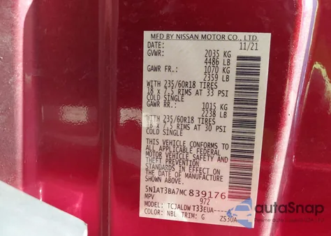 2021 Nissan Rogue Sv Fwd from USA, damaged, VIN 5N1AT3BA7MC839176